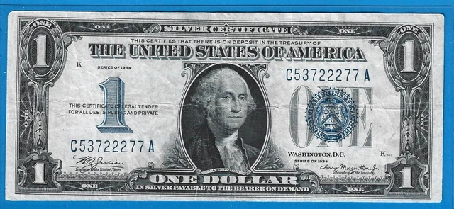 1934 $1 Silver Certificate Funny Back Note,Blue Seal,Circ VF,Nice!