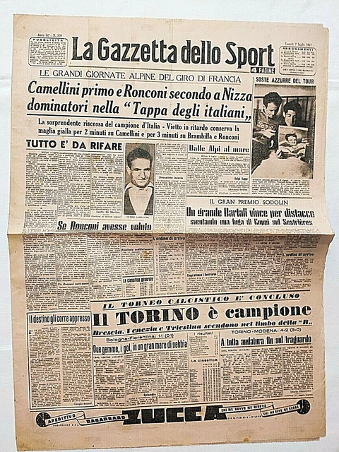 GAZZETTA DELLO SPORT 7 Luglio 1947 Grande Torino Campione D'italia