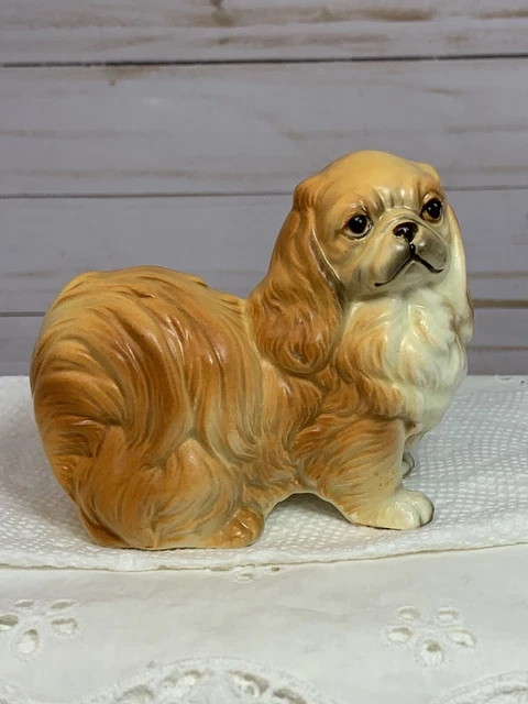 Small Vintage Pekingese Puppy Dog Figurine Golden Brown Colored Ceramic Fluffy