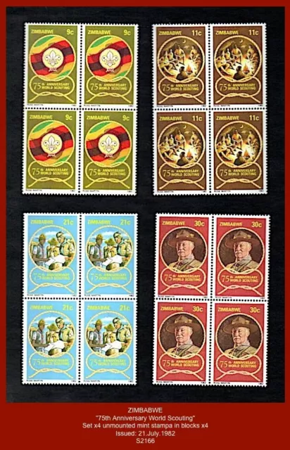 ZIMBABWE 1982  "75th Anniversary World Scouting" - Set x4 mint stamps block x4