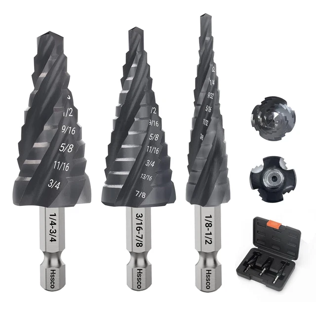 M35 Four Spiral Flute Cobalt Step Drill Bit Set 1/8"-7/8", Wear-Resistant Tialn