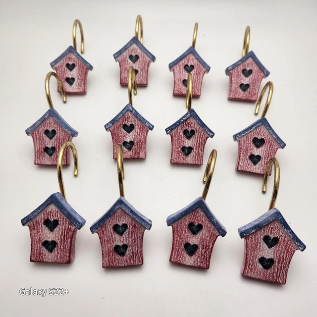 Birdhouse Shower Curtain Hooks Rings Set of 12 Blue Red Garden Aviary