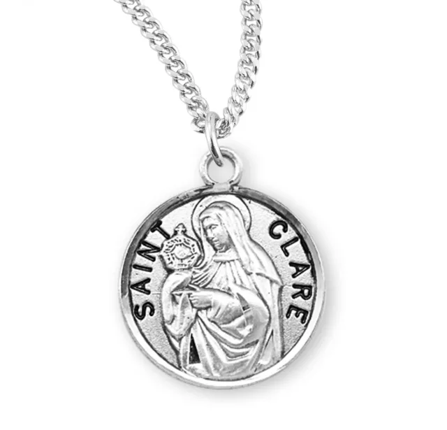 Catholic Patron Saint Clare Round Sterling Silver Medal Pendant Necklace