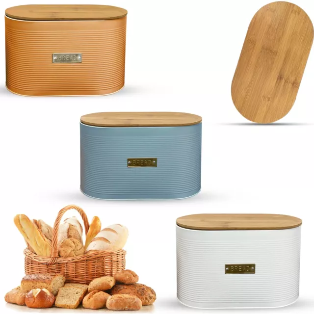 Bread Bin with Bamboo Lid for Cutting / Chopping Bread Board – Bread Holder Tin