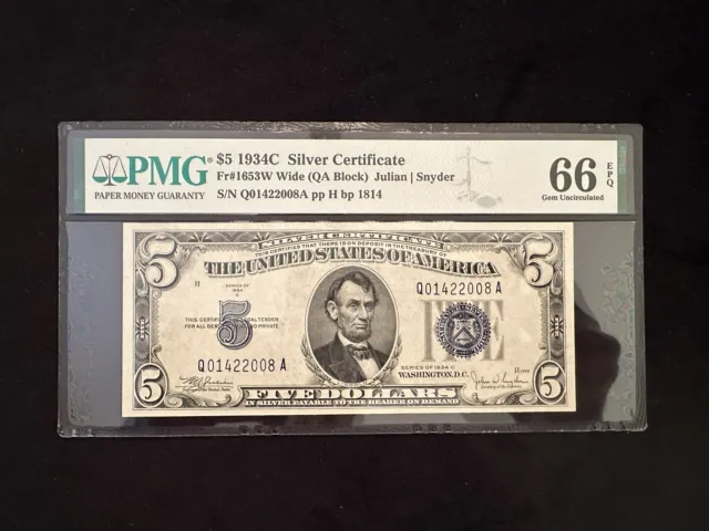 Fr 1653W Wide $5 1934C Silver Certificate (QA Block) - PMG 66 EPQ Q01422008A