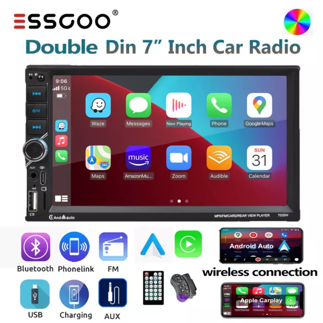 7" Double 2DIN Wireless Apple CarPlay Stereo Radio Android Auto Touch Screen USB