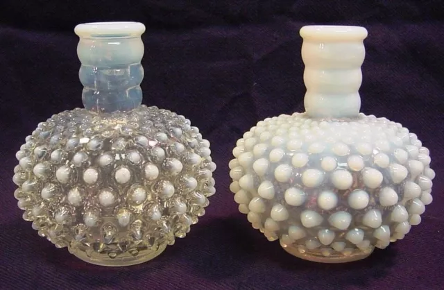 Vintage HOBNAIL Opalescent Milk White toClear Glass Pair Perfume Shaving Bottles