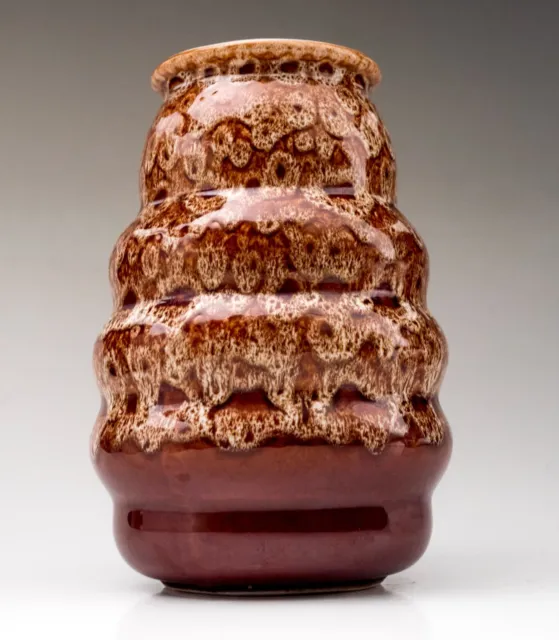 New Devon Pottery Hooped Vase, Honeycomb Mottled Brown Drip Glazed  1960s 70s 3