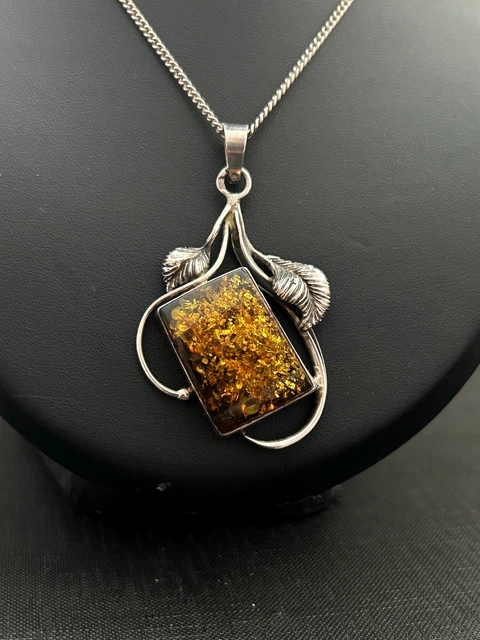 Collier En Argent Sterling 950 Avec Pendentif Ambre - Ancien - Bon état - Bijou Vintage