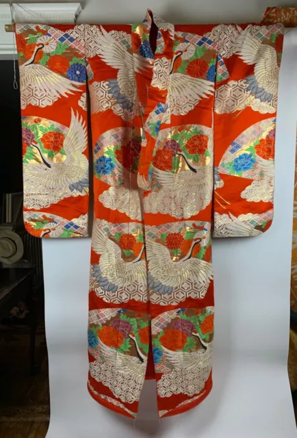 Vintage IRO-UCHIKAKE WEDDING KIMONO Silk & Gold Embroidered CRANES, FLOWERS