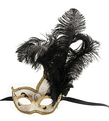 Mask from Venice Colombine IN Feathers Ostrich Black Authentic 1404 V78