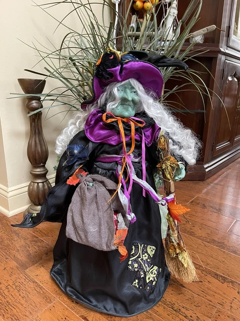 HALLOWEEN WITCH Large Doll Porcelain and Fabric w/Basket of Poison Apples 26"T