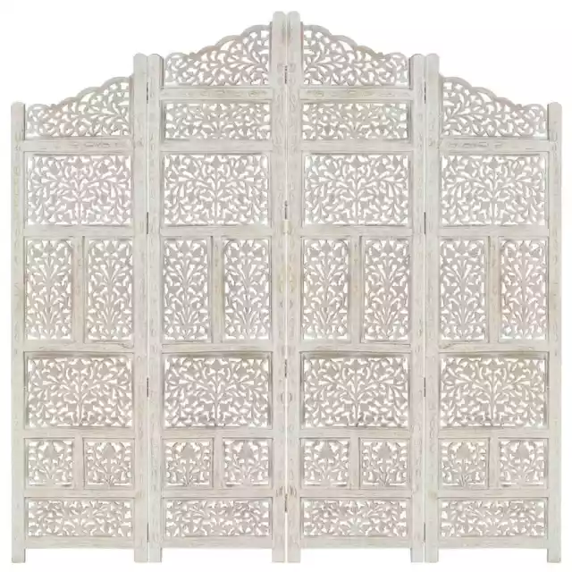 vidaXL Hand carved 4-Panel Room Divider White 160x165 cm Solid Mango Wood