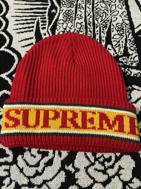 NWT Supreme NY Red White Green Yellow Cuff Logo Stripe Beanie Hat FW18 AUTHENTIC