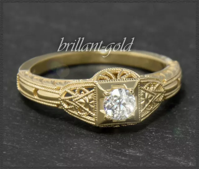 Diamant Jugendstil Design Ring, 0,28ct Altschliff Brillant, 585 Gold, Gelbgold