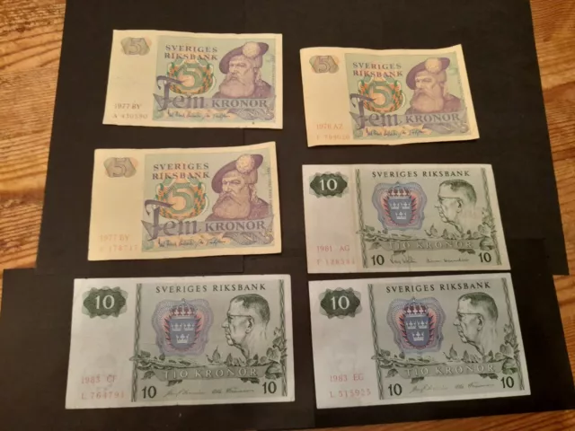 3 X 10 & 3 X 5 Sweden Kronor Banknotes. Variants Dates