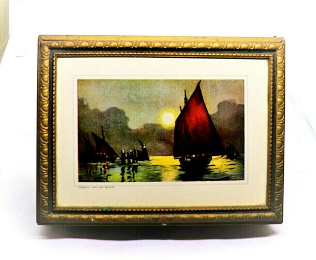 Vintage Dresser Box Beautifully Carved Wood With Art Co. French Sailboats Print
