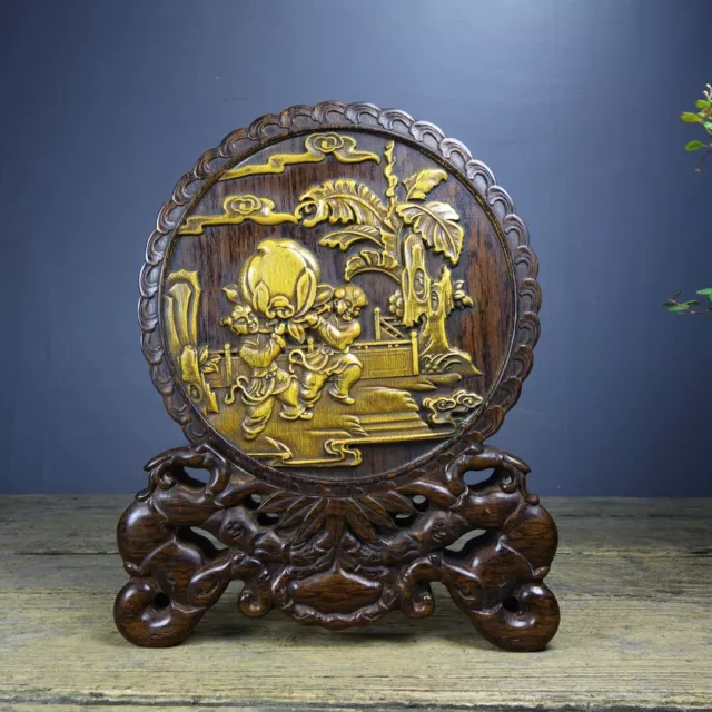 9.4 "China Antique Rosewood Carved Inlaid Bamboo Figure Statue Screen Home Decor