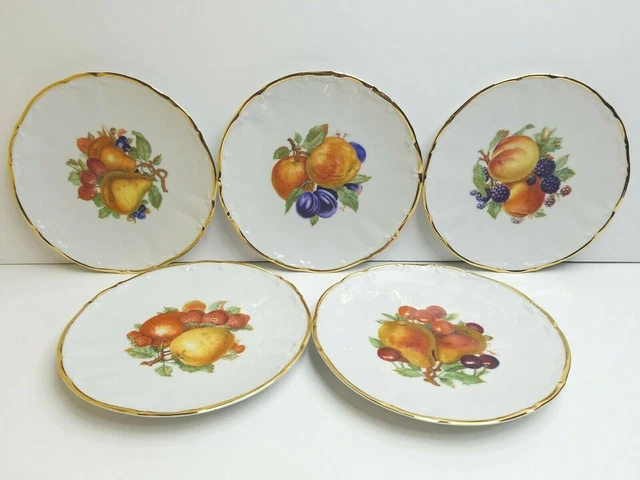 5 Bareuther Waldsassen MCM 7 1/2" Fruit Pattern Gold Trim Plates Bavaria Germany