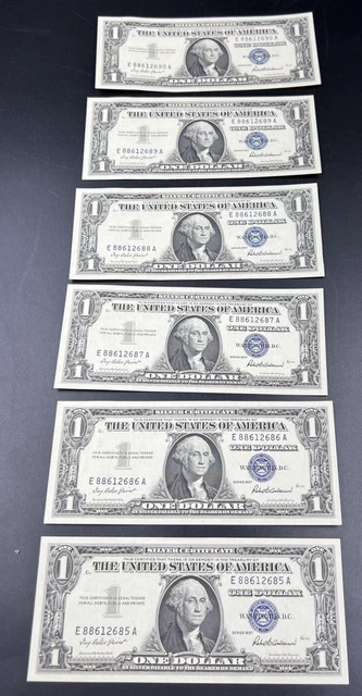 Lot of 6 Consecutive 1957 $1 Silver Certificate One Dollar Blue Seal Notes UNC
