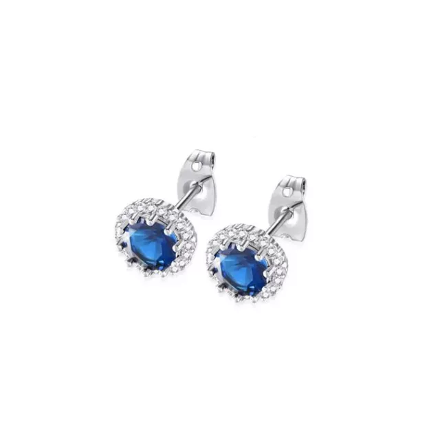 18k White Gold Plated 4 Ct Created Halo Round Blue CZ Stud Earrings