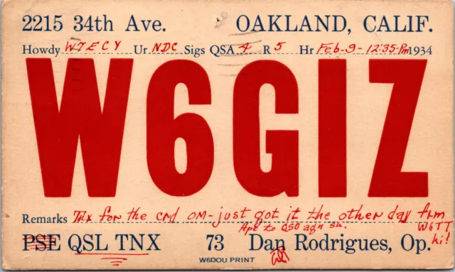 1934 W6GIZ Oakland California Ham Radio Amateur QSL Card Postcard Vtg