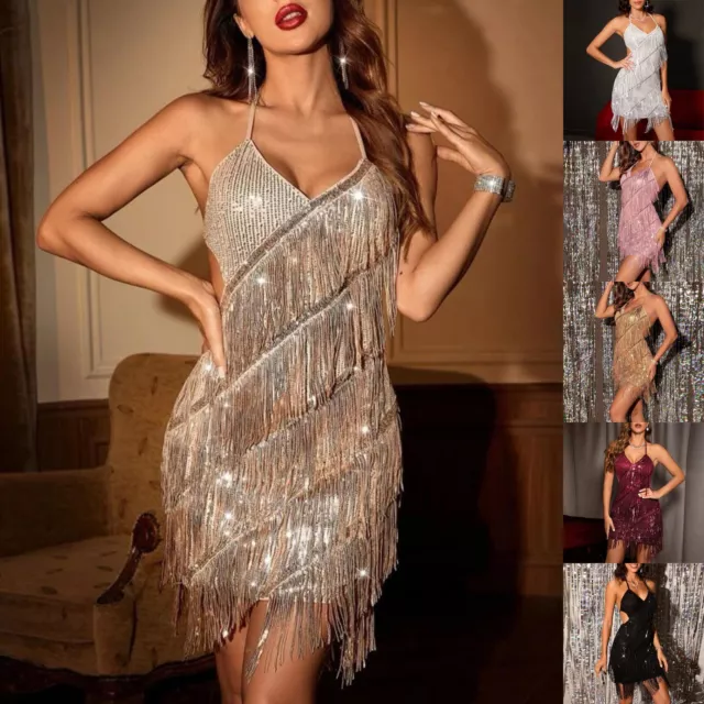 Womens Tassel Dress Sexy Fringe Dresses Sleeveless Flapper Mini Dress Sequin