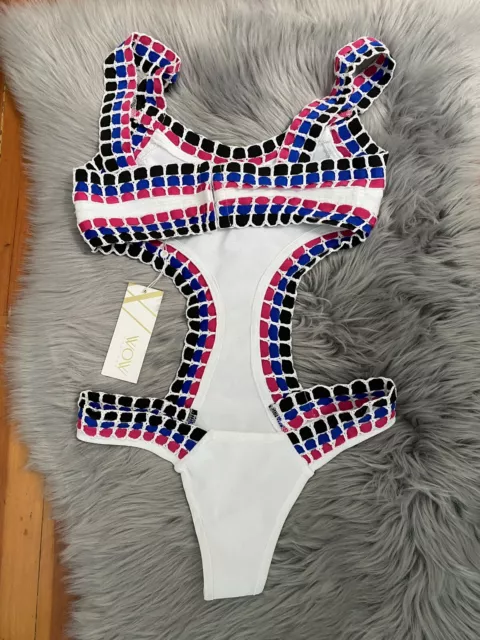 WOW COUTURE Celestia Bandage Swimsuit Cut Outs White Multi Color Crochet Sz S