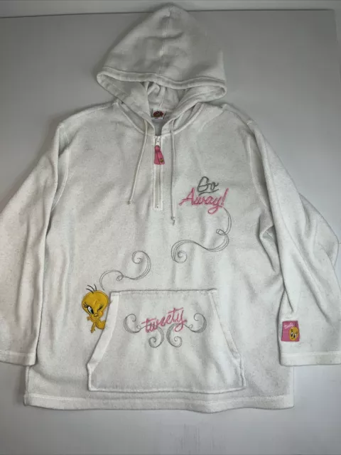 Tweety Bird Womens 2XL Fleece 1/4 Zip White Pullover Hoodie Looney Tunes