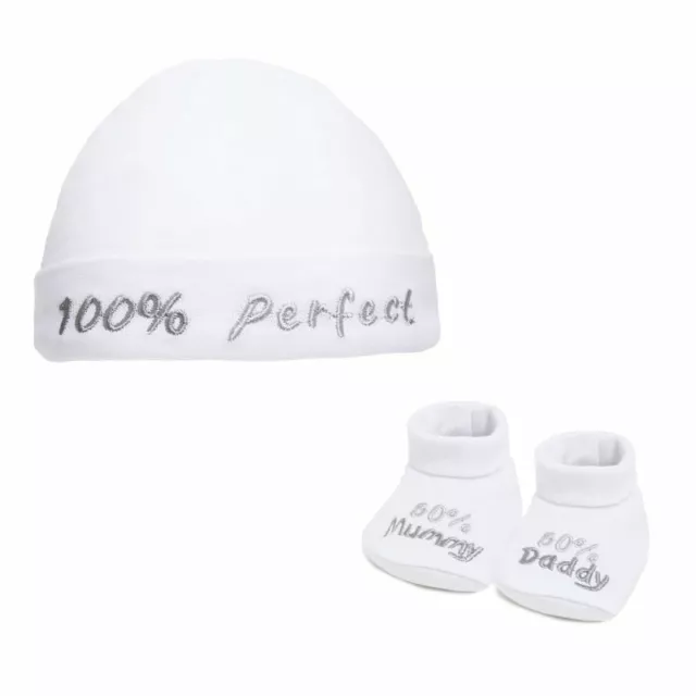 50% Mummy 50% Daddy 100% Perfect Hat & Bootees Set by Soft Touch Age: 0 - 3M~abg