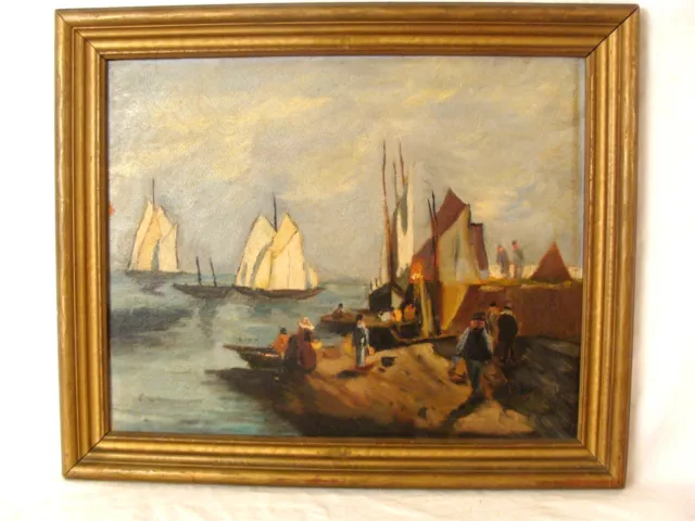 Antique George Goosey Sailboat Dock W/ Figures Seascape O/B Painting