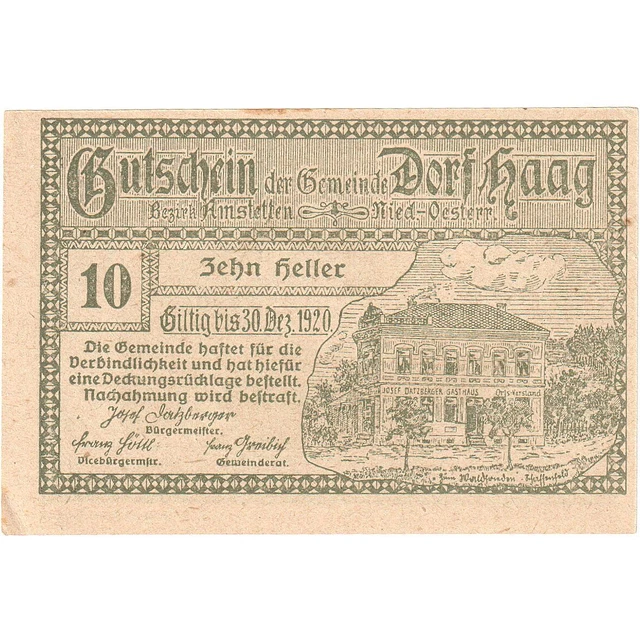 [#287978] Austria, Dorf Haag, 10 Heller, manoir, 1920, 1920-12-30, UNC, Mehl:FS