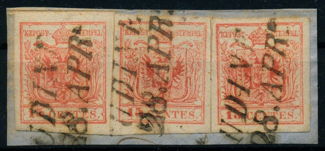 LOMBARDEI-VENETIEN 1850 3*15C auf Briefstück, MP, Type III. UDINE. Sehr schön!