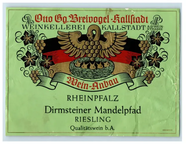 1970's-80's Wein Anbau Rheinpfalz Dirmsteiner German Wine Label Original S32E