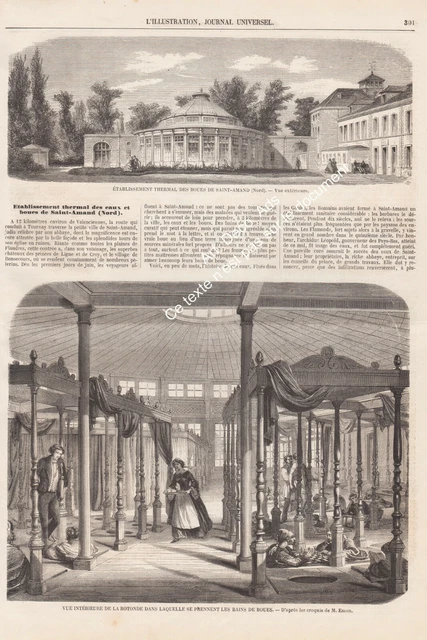 Gravure 1858 , Etablissement Thermal des Eaux et Boues de Saint Amand (Nord)