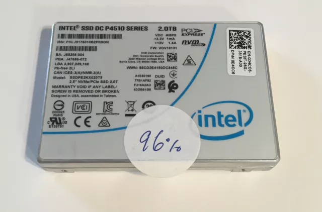 Intel SSD DC p4510 Series 2.0TB 2.5” NVMe/PCIe 96% Percent Lifetime Remaining