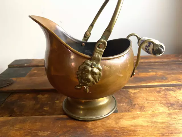 Copper Brass Coal Scuttle Bucket LION'S HEAD Porcelain DELFT Handle small