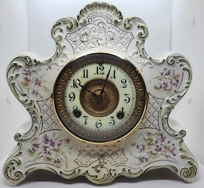 Antique ANSONIA "Dresden" Victorian Porcelain Mantel Clock - American Wringer Co