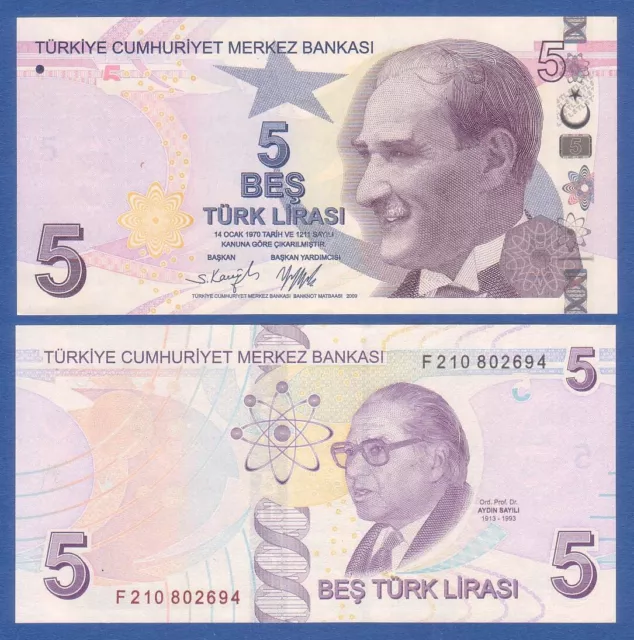 TÜRKEI / TURKEY 5 Lirasi 2009  UNC  P.222 Serie F