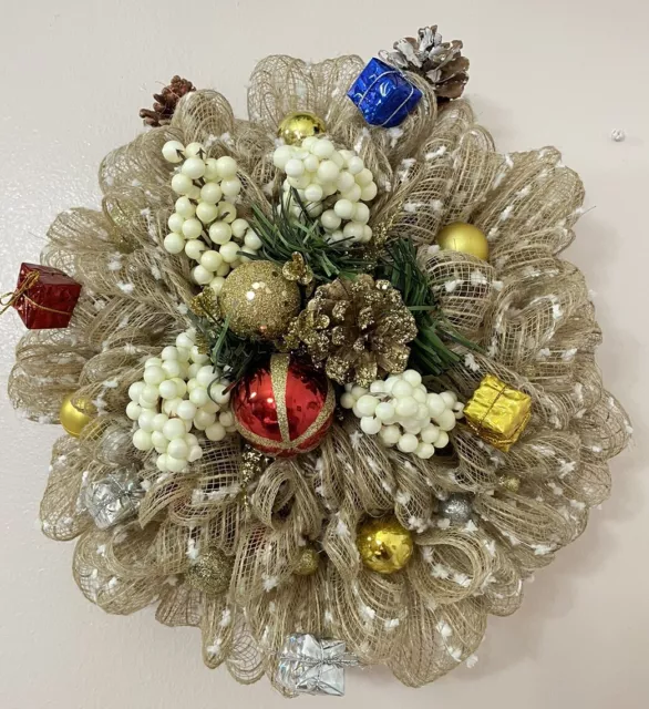 Small Hand Made Christmas ornament wreath with presents and flowers