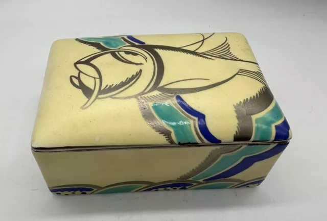 RARE GRAYS POTTERY RECTANGULAR BOX AND COVER  ART DECO FISH  Susie Cooper Style