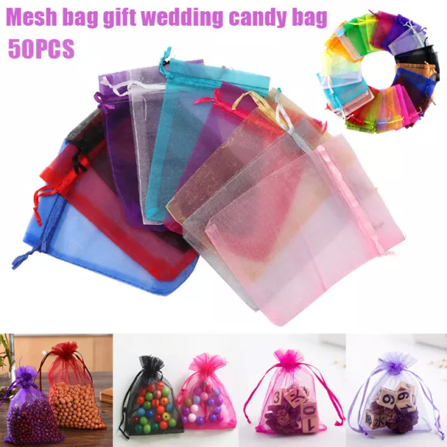 50pcs Candy Pouches Bags Transparent Mesh Organza Gift Drawstring Pouches Gift