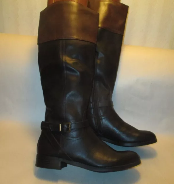 NIB Merona Estelle Womens 6 1/2M Black w/ Brown Trim Top Flat Heel Riding Boots 2