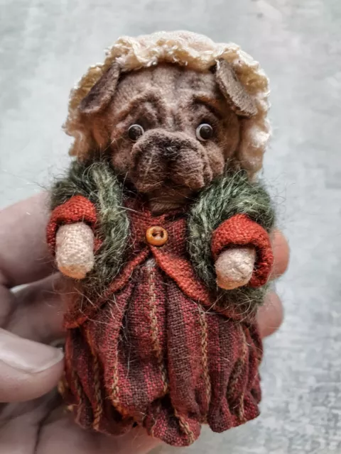 Miniature Textile Teddy Lady Pug Dog Figurine / Ornament /Decor