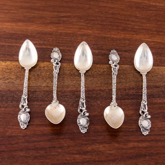 5 German Rococo 800 Silver Demitasse Spoons Putti W/ Shield & Florals No Mono