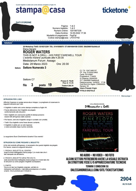 2 Biglietti Roger Waters 28 Marzo 2023 Assago 3