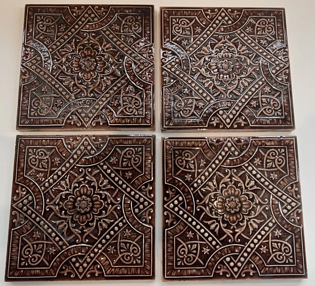 Set of 4 Antique Majolica Minton Hollins Stoke on Trent Tiles Brown Floral 6inch