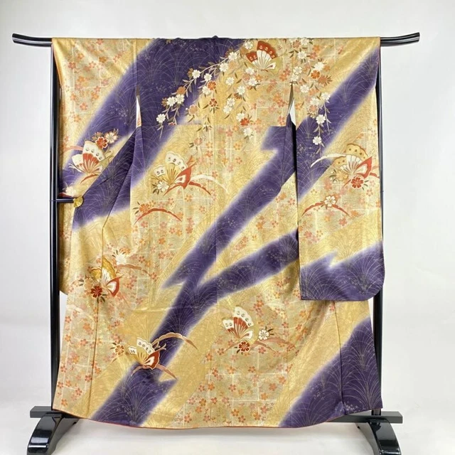 Japanese Kimono Furisode Pure Silk Butterfly Cherry Blossoms Gold Thread Purple