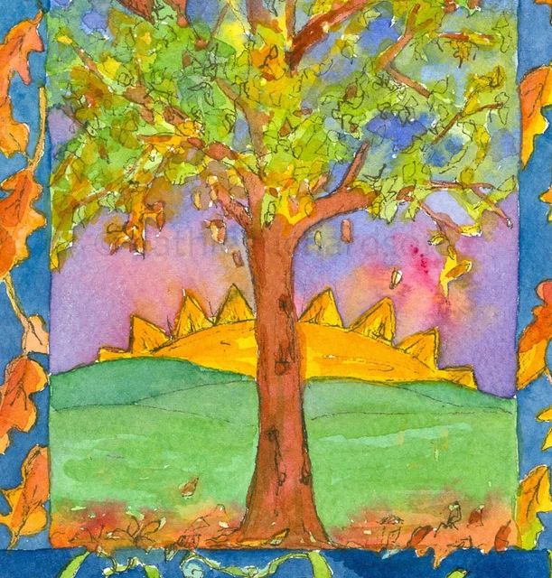 Sunset Original Watercolor Painting Autumn Equinox Fall Trees Moon Phase