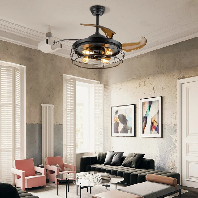42 INCH INDUSTRIAL Retro Ceiling Fan Light Cage Chandelier + Remote For